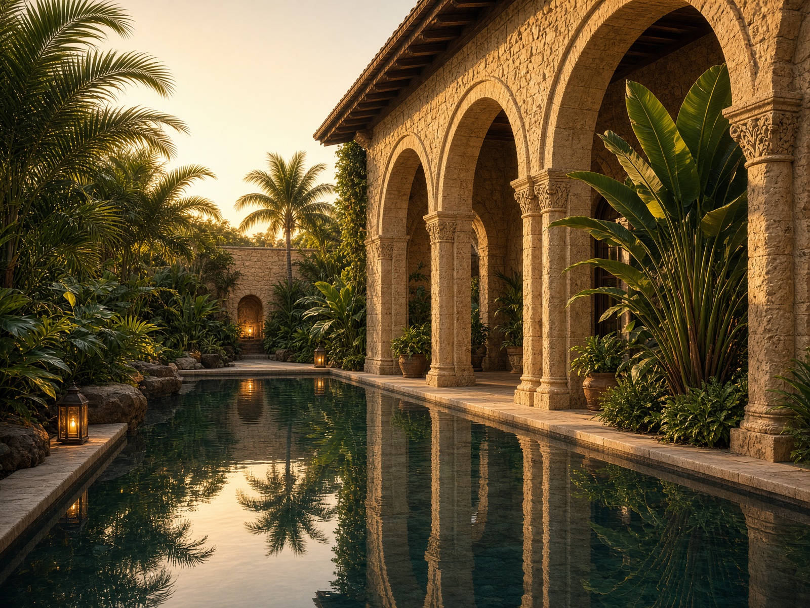 Elara House courtyard pool framed by stone arches