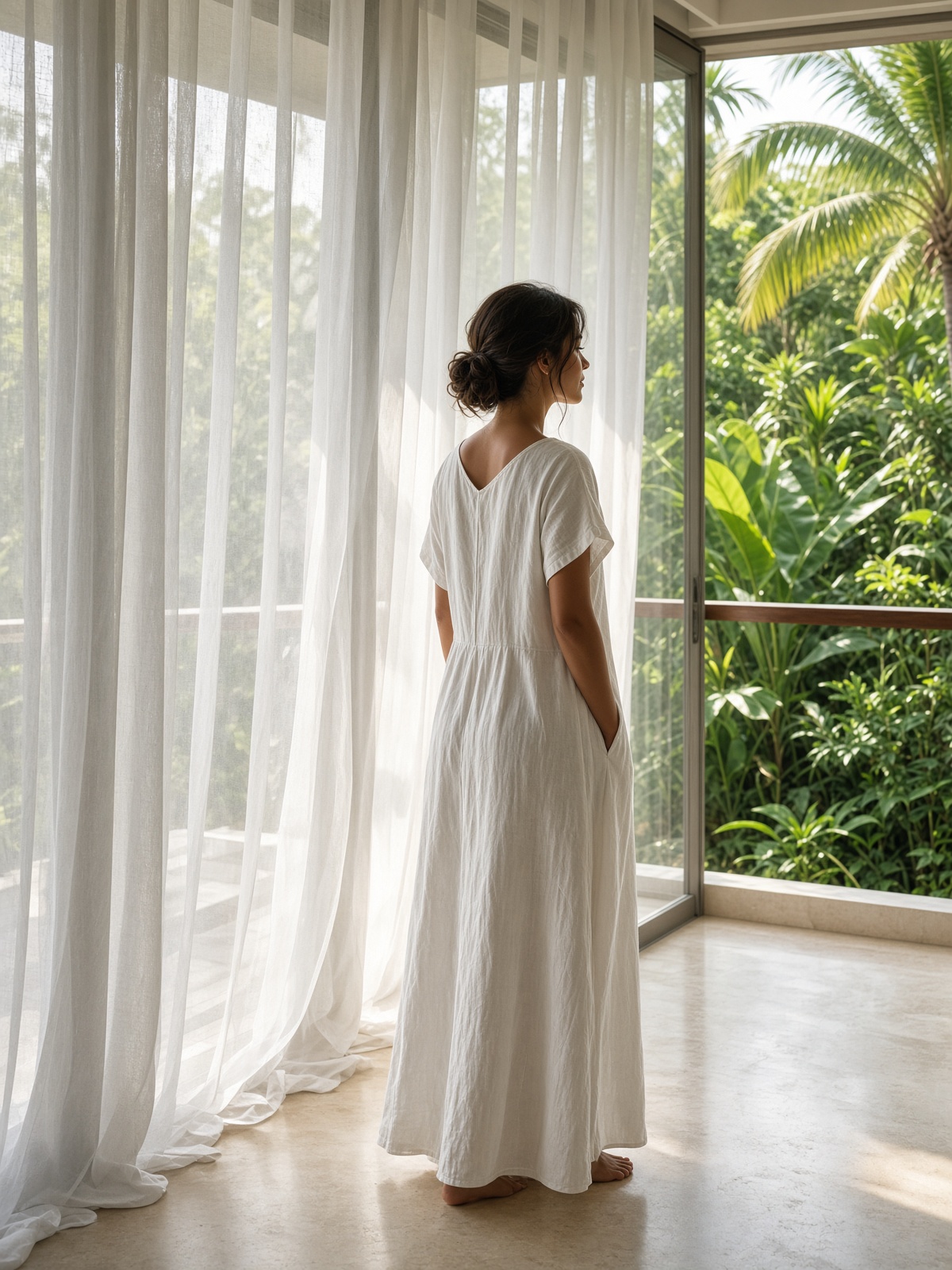 Linen curtains opening onto the garden